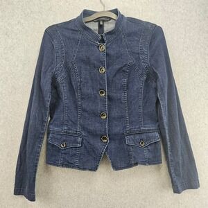 WHITE HOUSE BLACK MARKET | Denim Jacket Dark Wash Blue Peplum Size 10 Tailored